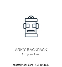 Army backpack icon. Thin linear army backpack outline icon isolated on white background from army and war collection. Line vector sign, symbol for web and mobile