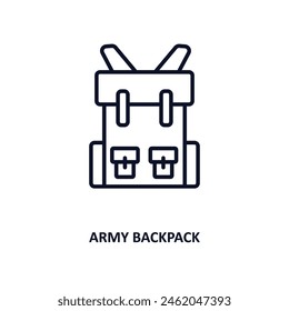 icono de contorno de mochila del ejército. Ícono de línea delgada del ejército y la colección de guerra. Vector editable aislado sobre fondo blanco