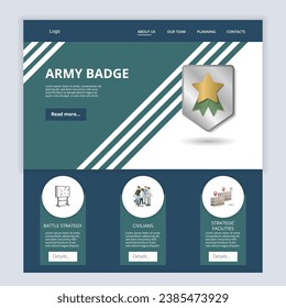 Army badge flat landing page website template. Battle strategy, civilians, strategic facilities. Web banner with header, content and footer. Vector illustration.