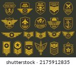 Army badges. Military units emblems, soldier patches and insignias tags vector set. Special and elite force, marines, heavy artillery elements for uniform clothing with stars, skulls