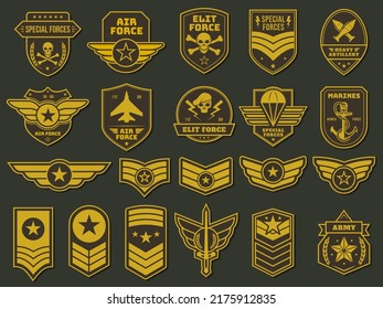 Army badges. Military units emblems, soldier patches and insignias tags vector set. Special and elite force, marines, heavy artillery elements for uniform clothing with stars, skulls