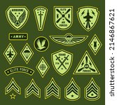 Army badges and patches. United elite forces, military emblems with wings. Soldier ranking chevron, air force war tags. Typography or textile tidy vector templates