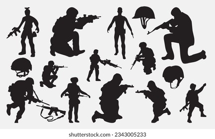 Army black shape vector illustration set isolated on white background. Detailed decorative army logotype design elements.
