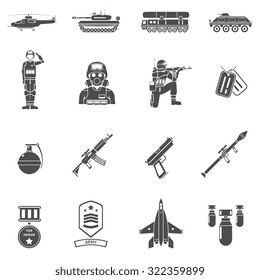 Army black white icons set with army transport uniform and weapons flat isolated vector illustration 
