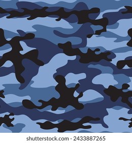 
Army blue camouflage background, pattern repeat, marine texture, classic vector illustration