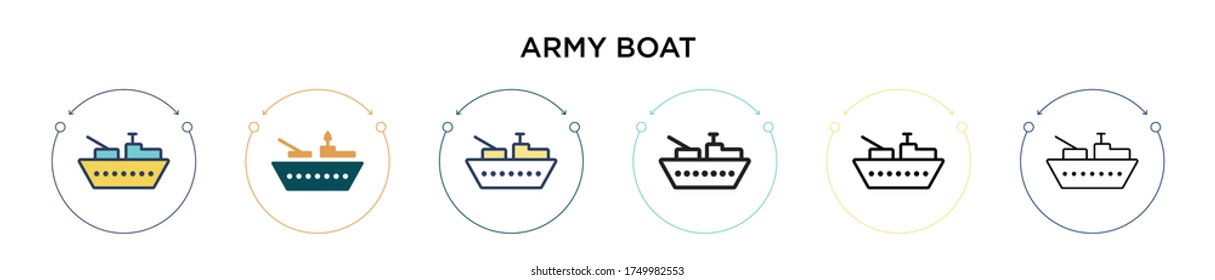 Army boat icon in filled, thin line, outline and stroke style. Vector illustration of two colored and black army boat vector icons designs can be used for mobile, ui, web