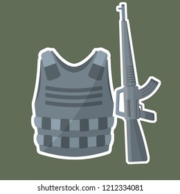 Army body armor to protect the body from bullets. American machine gun. Assault rifle. Soldier's uniform.

