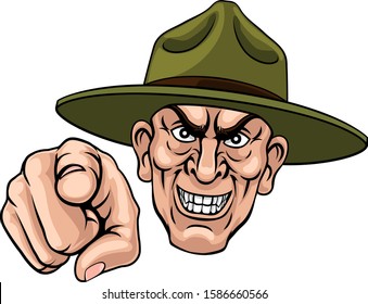 An Army Bootcamp Drill Sergeant Soldier Looking Mean And Pointing At The Viewer 