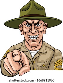 An army bootcamp drill sergeant soldier looking mean and pointing at the viewer 