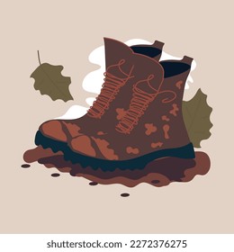 Army boots illustration. Flat vector. Hiking boots. Dirty Sturdy leather travel shoes