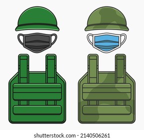army bulletproof vest and helmet with medical mask vector flat illustration