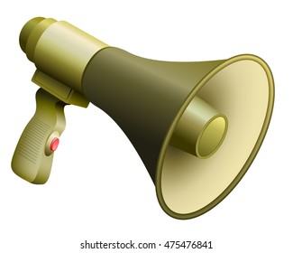 Army bullhorn or megaphone with handle and button.