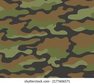 
Army camo vector texture, green brown black spots, seamless pattern for print on clothes, paper, fabric.