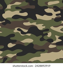 Army camouflage background, classic seamless pattern, vector fabric texture.