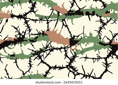 An army camouflage pattern with the main colors being green, brown, and black.A seamless barbed wire camouflage pattern in earthy tones, perfect for hunting, training, and military use.
