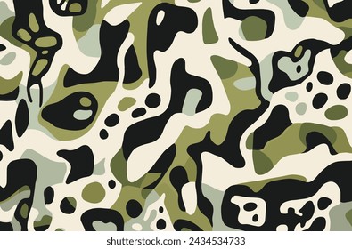 Army Camouflage Print Fabric, in the Style of Biomorphic Abstraction, Hard-Edge Color Field, Naturalistic Animal Paintings, Dark White and Light Green, Low Resolution, Large Scale Abstraction