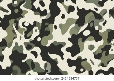 Army Camouflage Print Fabric, in the Style of Biomorphic Abstraction, Hard-Edge Color Field, Naturalistic Animal Paintings, Dark White and Light Green, Low Resolution, Large Scale Abstraction