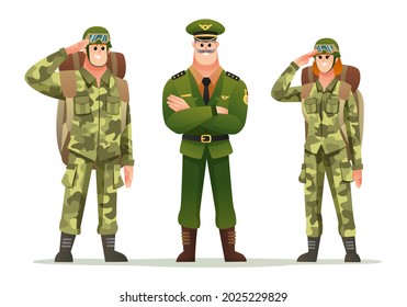 Army captain with man and woman soldiers carrying backpack character set