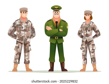 Army captain with man and woman soldiers cartoon character set