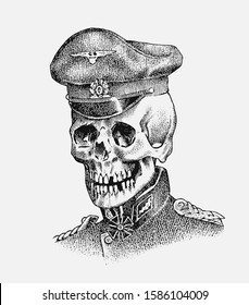  Army captain or soldier. Navy captain or mayor in vintage style. Retro old school sketch for tattoo. Human skull. Monochrome Hand drawn engraved retro badge for t-shirt, banner, poster and logo