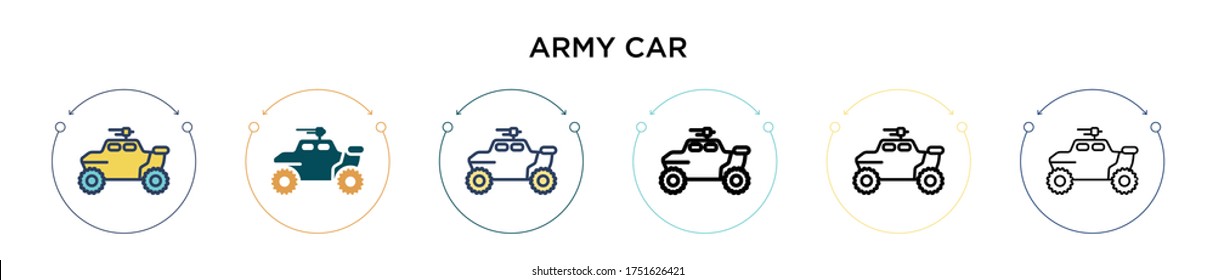 Army car icon in filled, thin line, outline and stroke style. Vector illustration of two colored and black army car vector icons designs can be used for mobile, ui, web