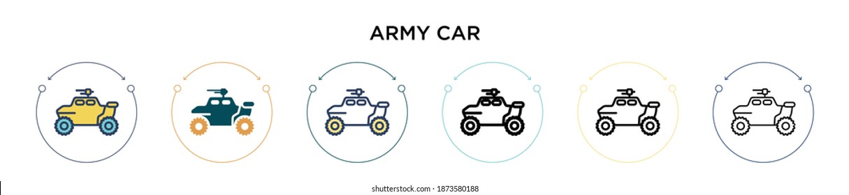 Icono del coche del ejército en el estilo relleno, delgado, contorno y trazo. Ilustración vectorial de dos iconos de los vectores de vehículos del ejército de color y negro se puede utilizar para móviles, ui, web