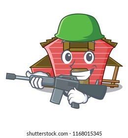 Army character red barn building with haystack