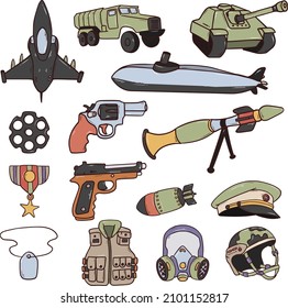 Armeekollektion handgezeichnet. Symbole und Objekte im Vektorstil von Doodle.