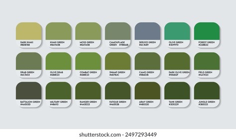 Army Color Palette, Army Color Guide Palette with Color Names. Catalog Samples of the Army with RGB HEX codes and Names. Army Colors Palette Vector, Clothes, Fashion Trend Dark Green Color shades