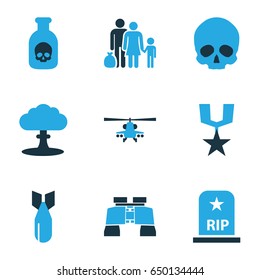 Army Colorful Icons Set. Collection Of Poison, Medal, Grave And Other Elements. Also Includes Symbols Such As Refugee, Zoom, Atom.