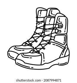 Army Combat boots Part of Military and Army Force Equipments Hand Drawn Icon Set Vector.