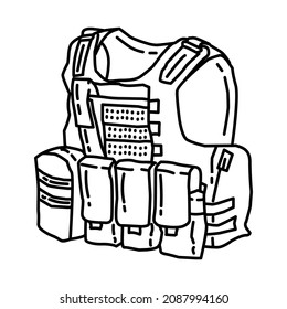 Army Combat Vest Part of Military and Army Force Equipments Hand Drawn Icon Set Vector.