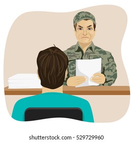 Army conscript during interview on the results of the tests, a collection point
