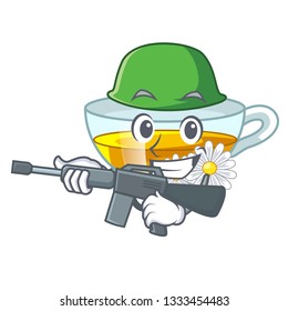 Army cup chamomile tea cartoon above table