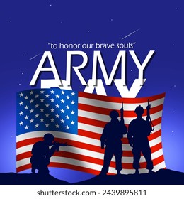 Army Day event banner. American flag with soldiers on gradient dark blue background with stars to commemorate on April 6th