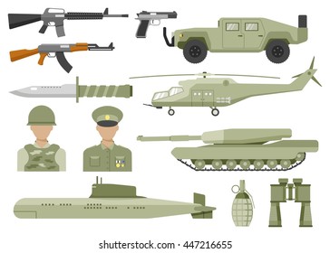 Army decorative flat icons set with avatars of officer and soldier helicopter tank submarine isolated vector illustration 