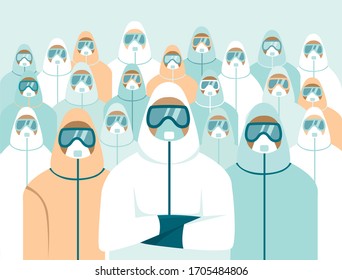 Army of Doctors wearing full protective gear. Medical staff during coronavirus COVID-19 disease outbreak. Flat vector characters