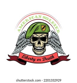 Army emblem. Label with skulls in pilot helmets or soldier hats, air force eagle wings, text and ribbons