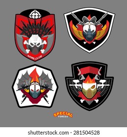 Army emblem set. Special forces patch with skull and guns. Vector illustration