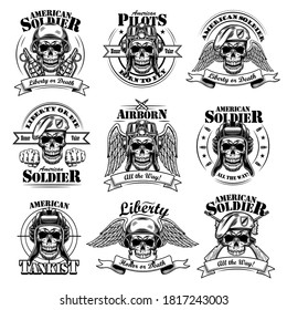 Army emblems set. Military labels template with skulls in pilot helmets or soldier hats, air force eagle wings, text and ribbons. Monochrome vector illustrations isolated on white background