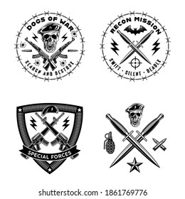 emblemas del ejército. Conjunto de sellos con calaveras, pistolas y dagas. Ilustración vectorial monocroma.