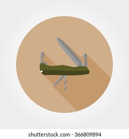 Army folding knife. Icon for web and mobile application. Vector illustration of a button with a long shadow. Flat design style.