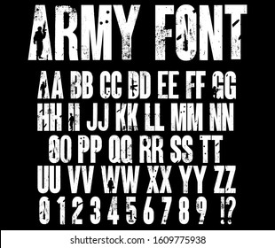 Army font vector. Silhouettes of soldiers on the background distressed letters and numbers. svg