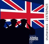 Army force people silhouette respecting the flag of England with bold texts, Armed Forces Day United Kingdom June 26