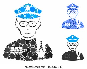 Army general composition of small circles in different sizes and color tinges, based on army general icon. Vector random circles are organized into blue composition.