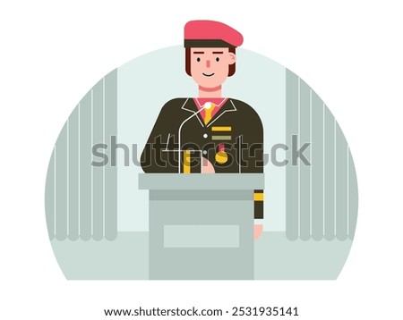 Army general is giving a speech on the podium. Character design. Vector flat illustration