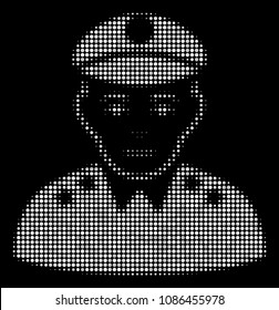 Army general halftone vector icon. Illustration style is dotted iconic army general icon symbol on a black background. Halftone grid is circle dots.