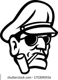 Army General Head Smoking Pipe Sport Mascot Black and White