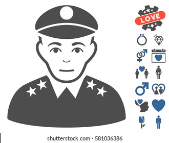 Army General icon with bonus dating images. Vector illustration style is flat iconic cobalt and gray symbols on white background.