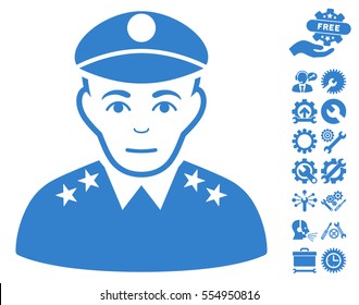 Army General icon with bonus options graphic icons. Vector illustration style is flat iconic cobalt symbols on white background.
